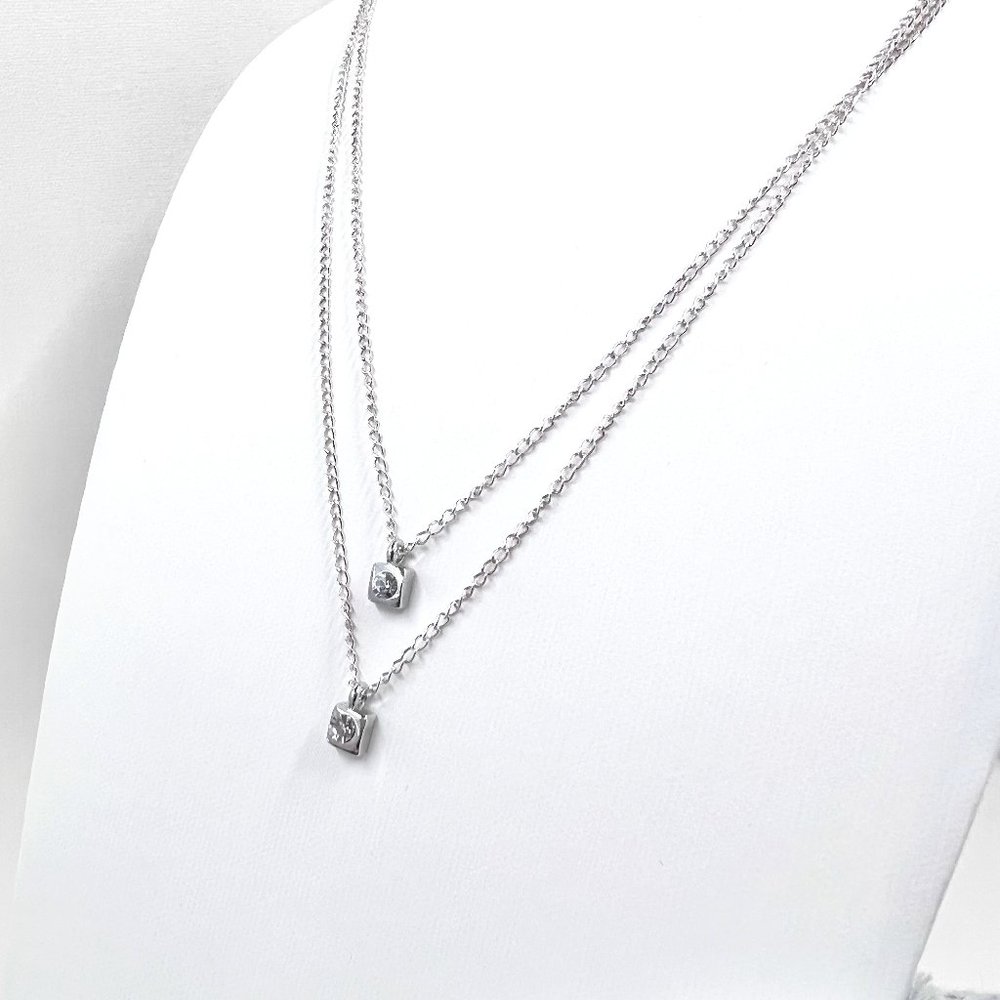 Minimal Square Jeweled Pendants Sterling Silver Two Strand 15” Chain Necklace